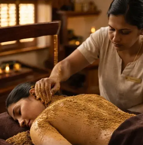 Udwarthanam herbal powder body scrub massage for weight management at Keraliyaas Madhapur